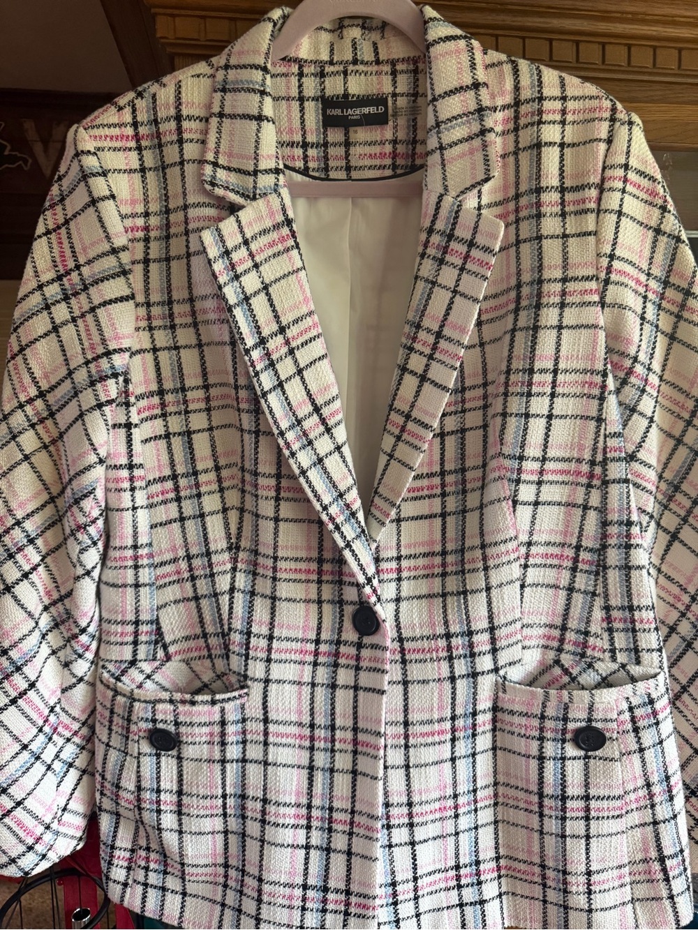 Karl Lagerfeld White Plaid Tweed Blazer with Pink & Black Windowpane